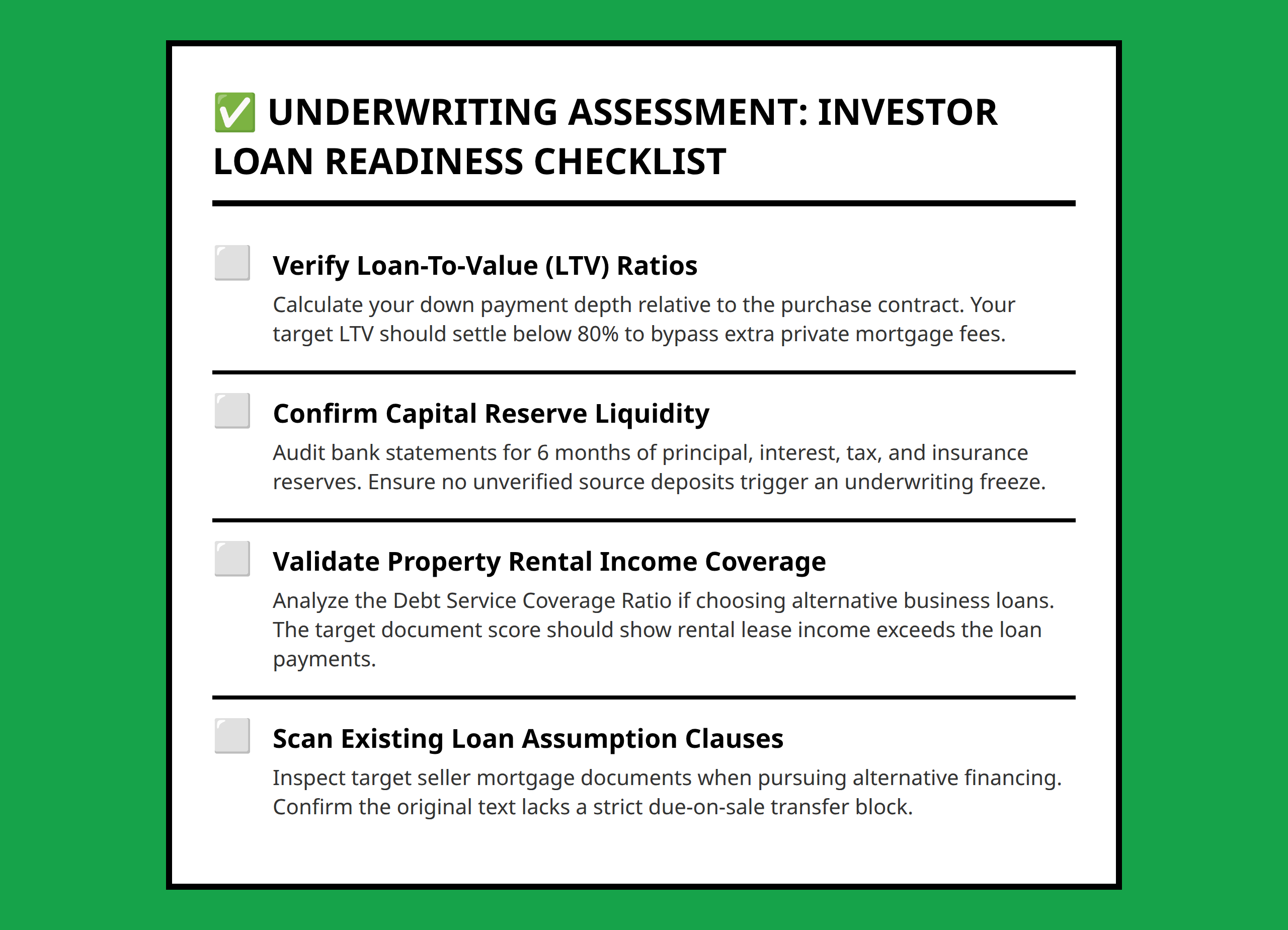 Investor readiness checklist focusing on loan-to-value ratio and asset criteria verification.