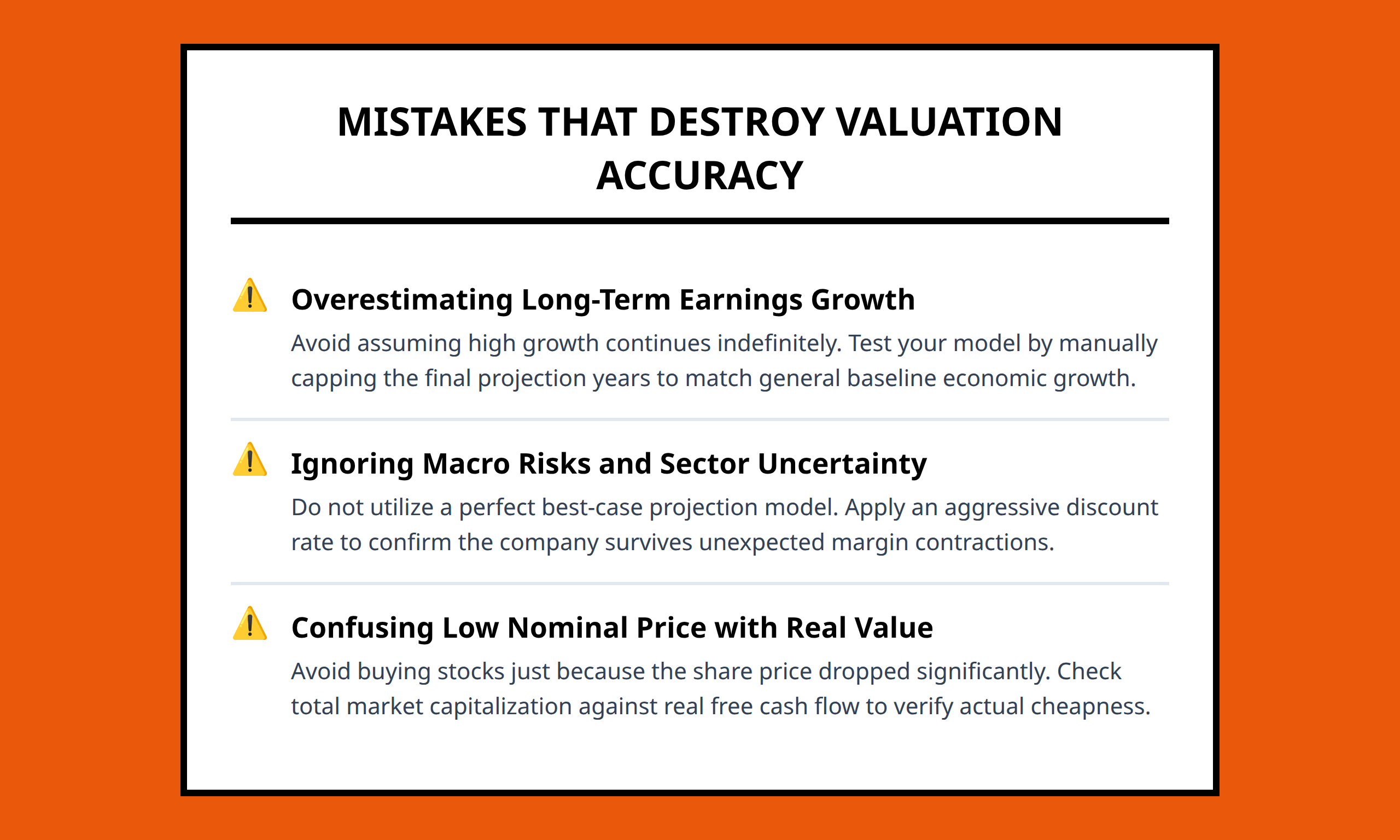 Checklist outlining critical business valuation errors like overestimating growth and ignoring uncertainty