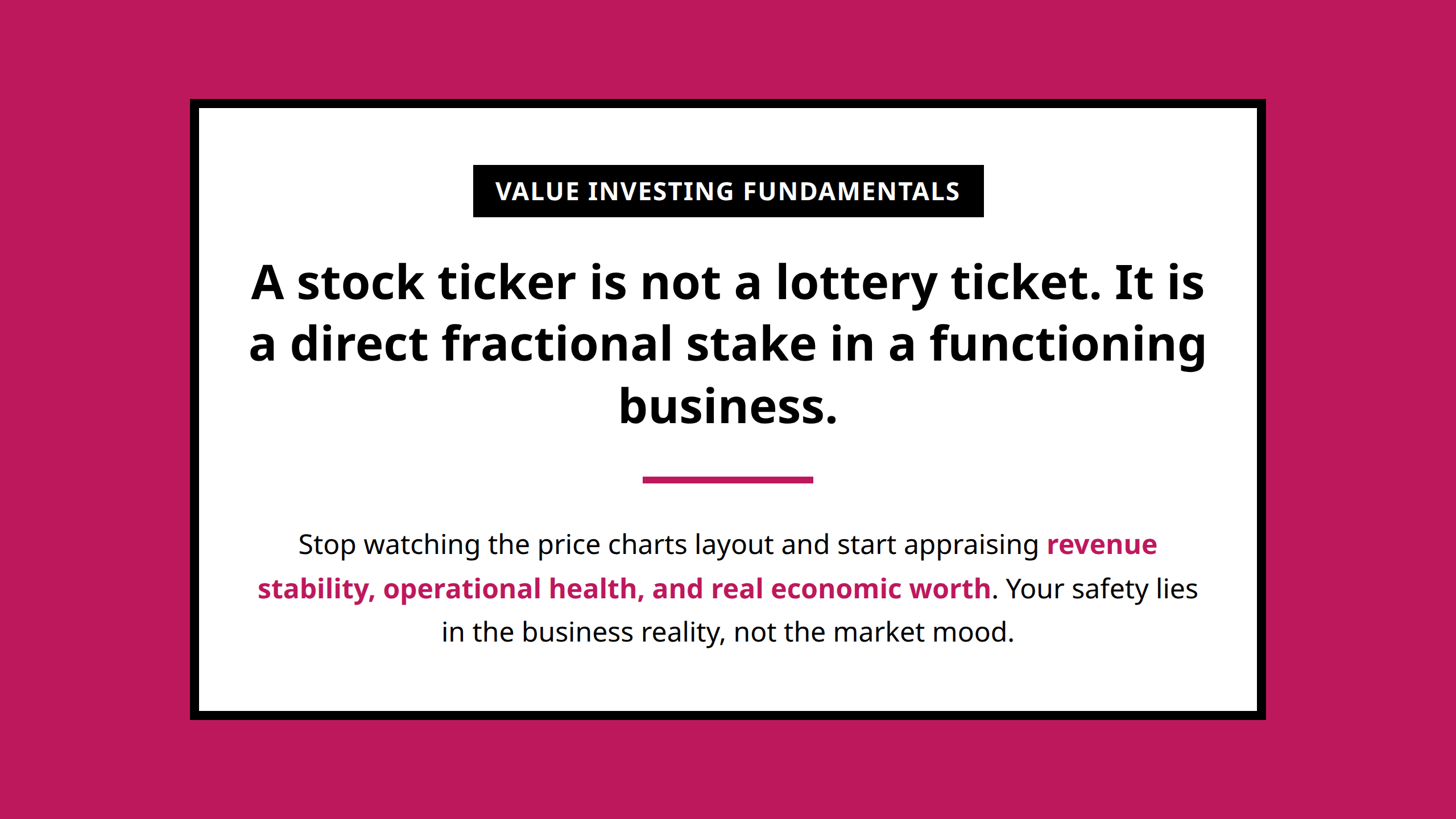 A clear value investing core reminder mini poster about business appraisal