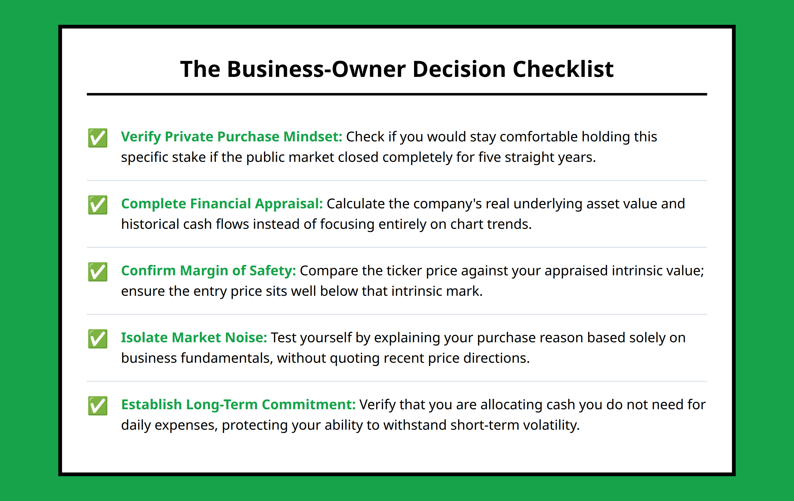 A 5 point framework checklist for verifying the value investing mindset before buying a stock