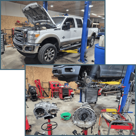 White Ford F-250 truck on lift with engine hood open at Izzy's Blue Auto LLC.
