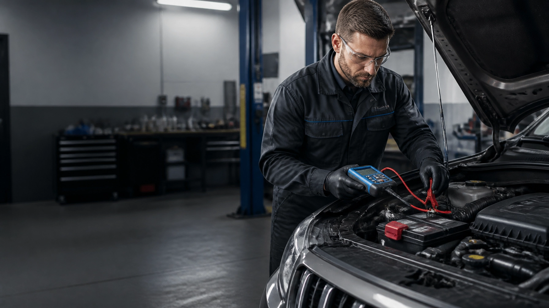 Auto mechanic testing car battery with diagnostic tool at Izzy's Blue Auto LLC.