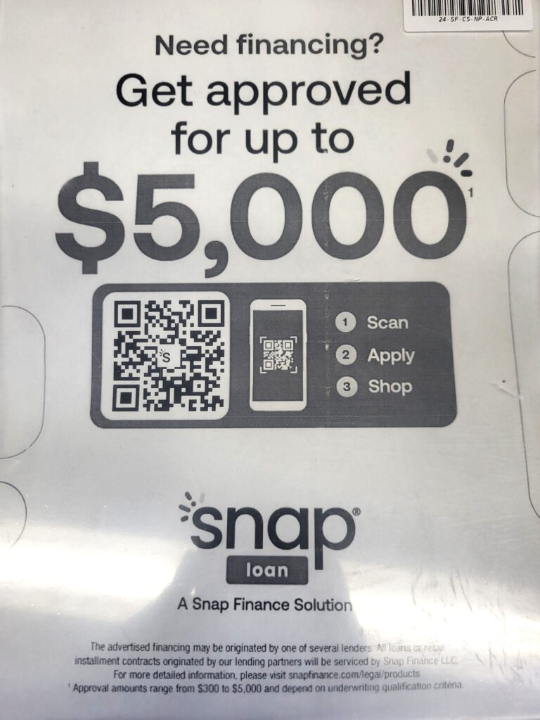 Auto financing offer for up to $5,000 with QR code and app instructions.