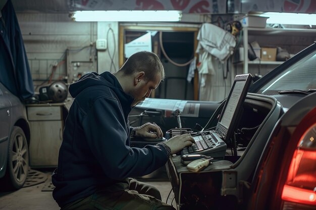 Technician testing car battery with diagnostic tools at auto repair shop.
