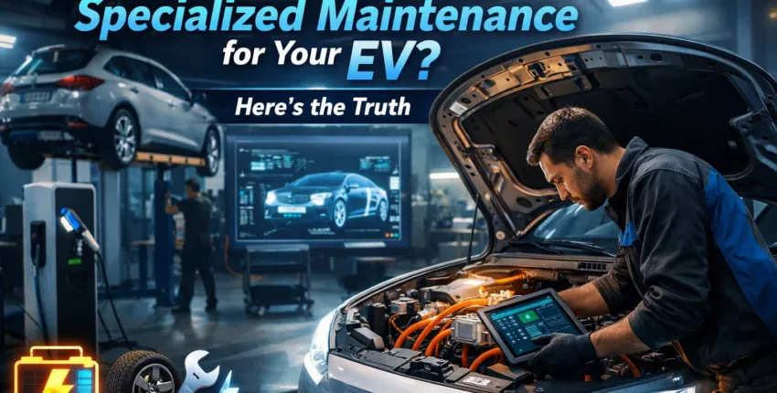 EV maintenance technician inspecting electric vehicle battery in workshop.