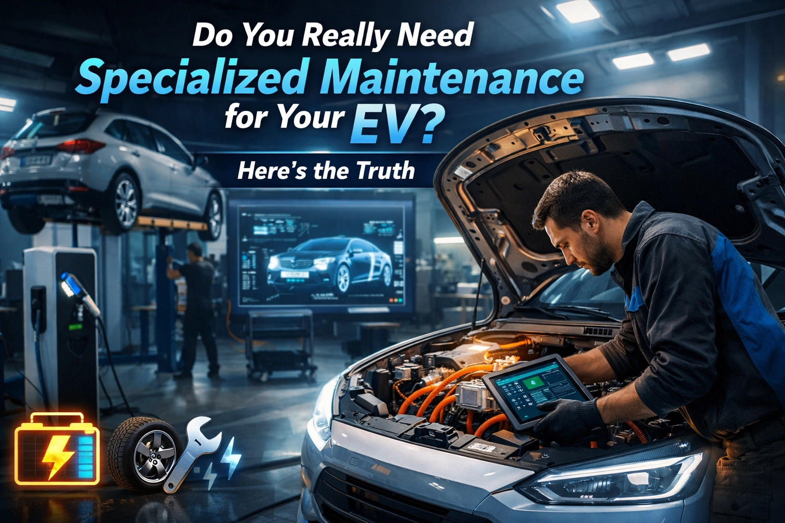 EV maintenance technician inspecting electric vehicle battery in workshop.