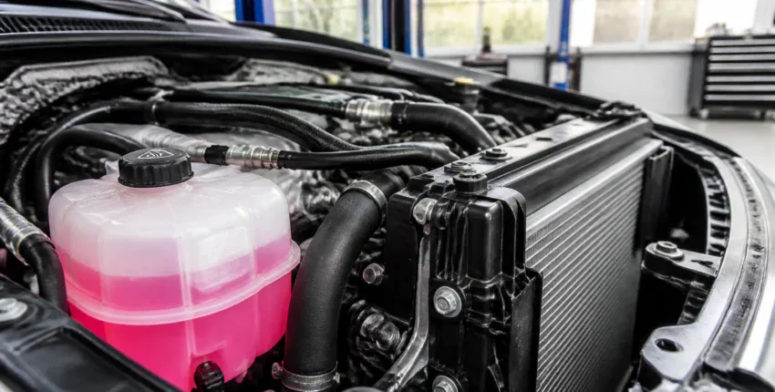 Close-up of car engine cooling system at JC Auto Repair.