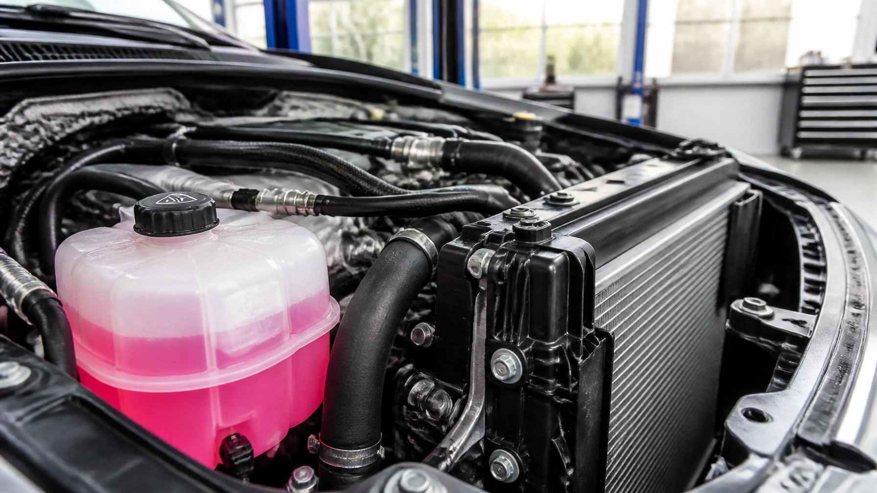 Close-up of car engine cooling system at JC Auto Repair.