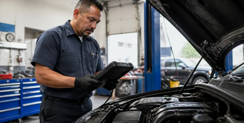 Auto repair technician using a tablet to diagnose car engine issues.
