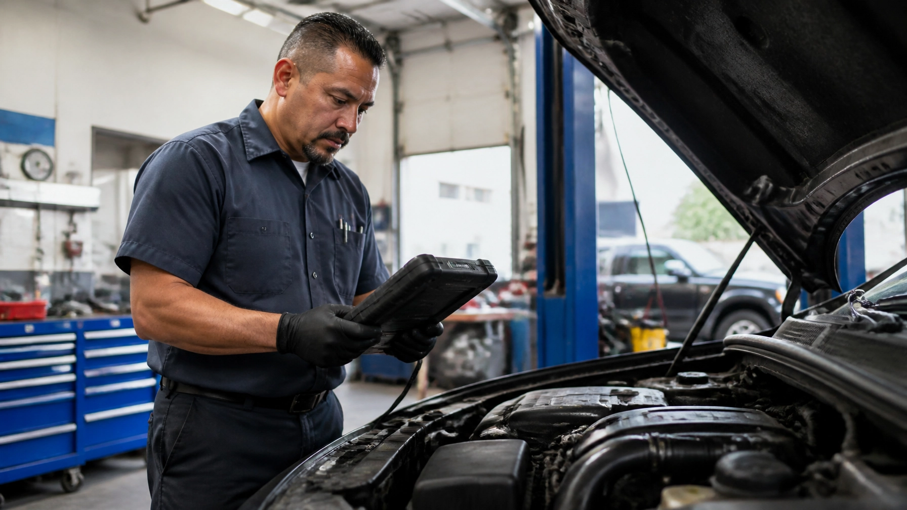 Auto repair technician using a tablet to diagnose car engine issues.