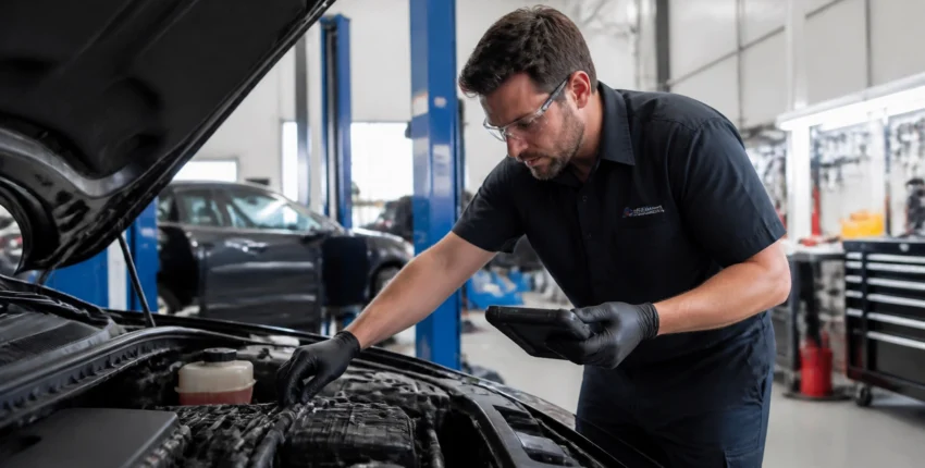 Auto mechanic inspecting car engine with diagnostic tools at JC Auto Repair.