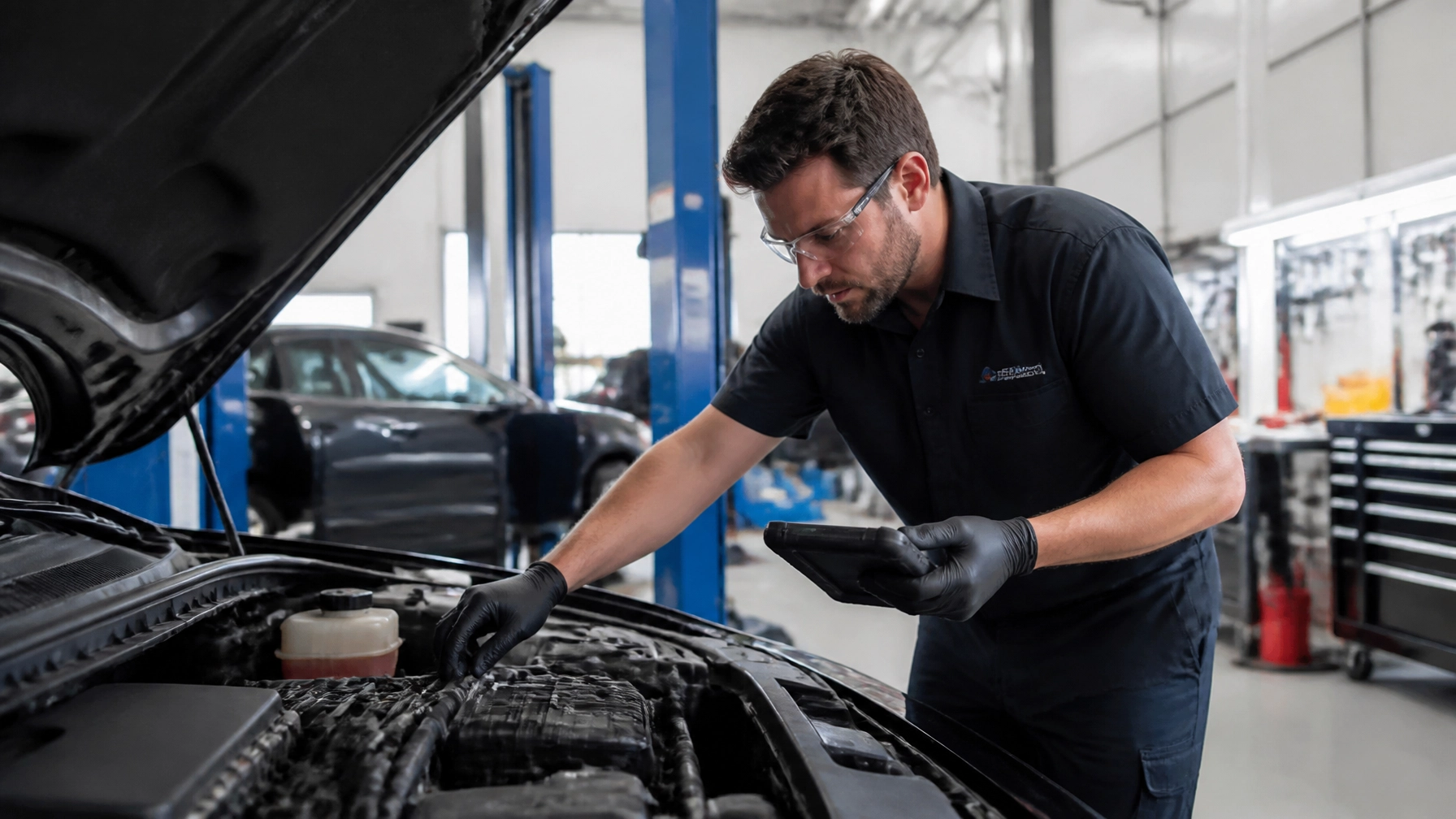 Auto mechanic inspecting car engine with diagnostic tools at JC Auto Repair.