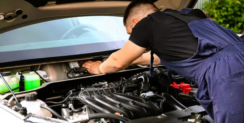 Engine maintenance check by auto repair technician under the hood of a vehicle.