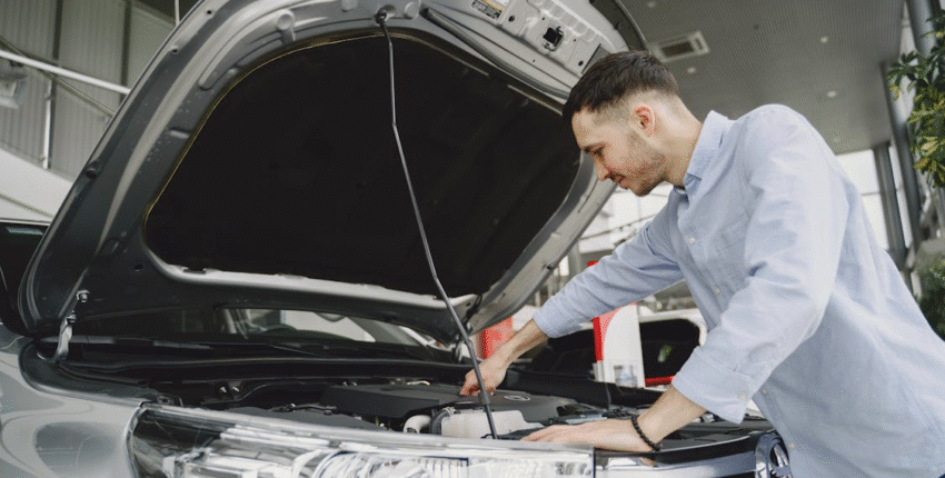 Car mechanic inspecting engine for general maintenance and longevity.