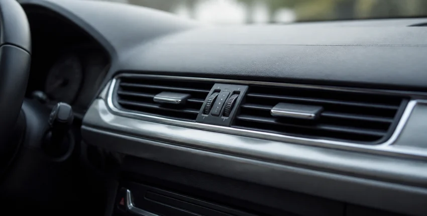 Air conditioning vent on car dashboard for optimal climate control.
