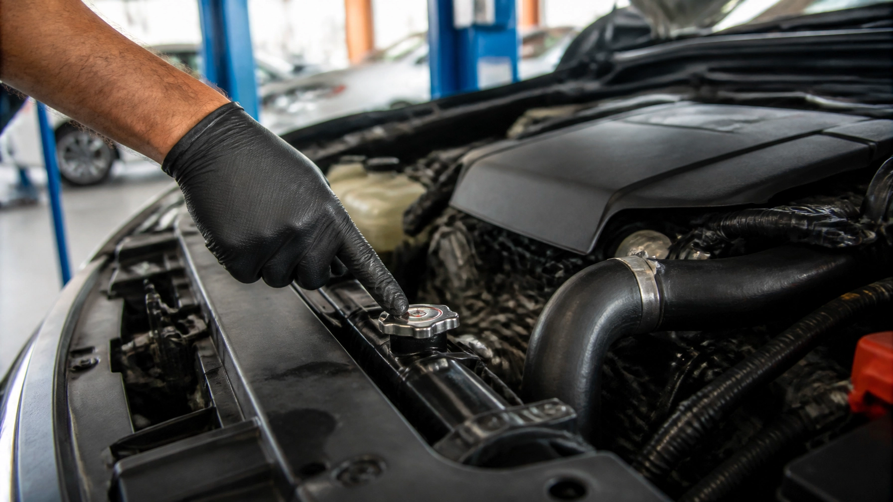 Technician inspecting car engine at Jimmy's Auto Repair & Smog.