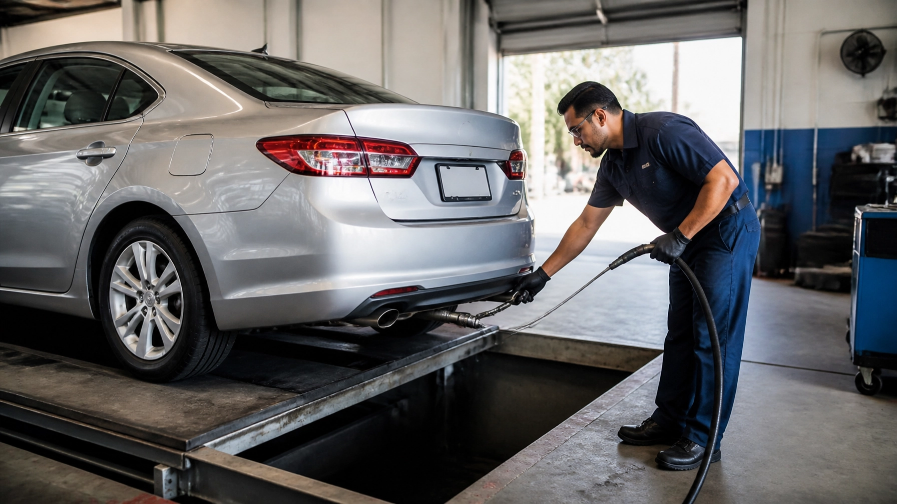 Technician inspecting a silver sedan in auto repair shop.