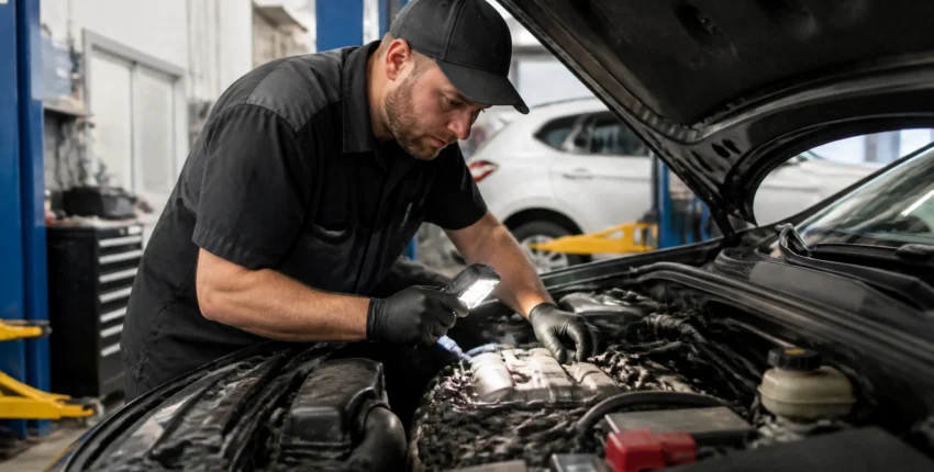 Auto repair technician inspecting car engine at Jimmy's Auto Repair & Smog.