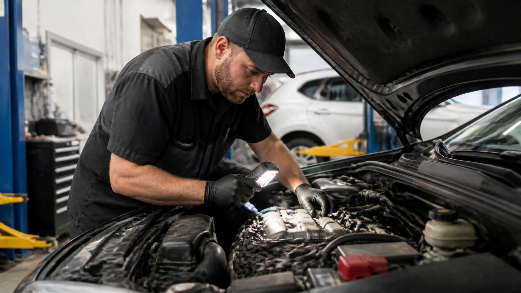 Auto repair technician inspecting car engine at Jimmy's Auto Repair & Smog.