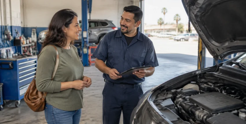 Customer and mechanic discussing car repair in auto shop.