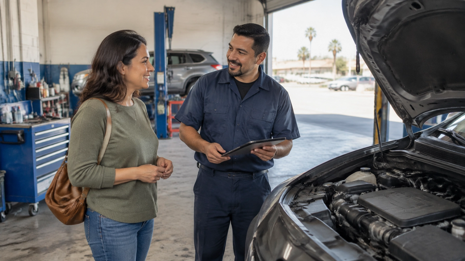 Customer and mechanic discussing car repair in auto shop.
