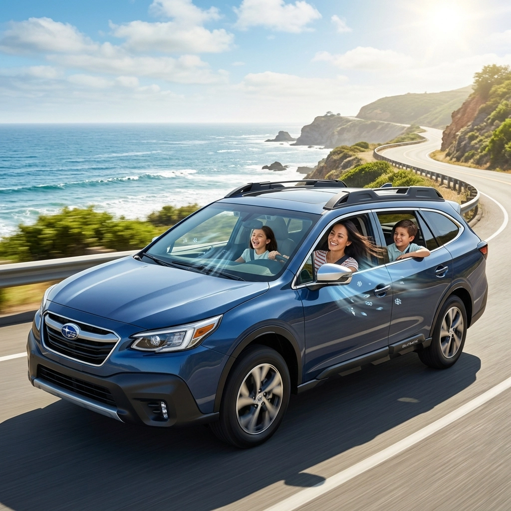 Subaru Outback driving along coastal highway with family enjoying a road trip.