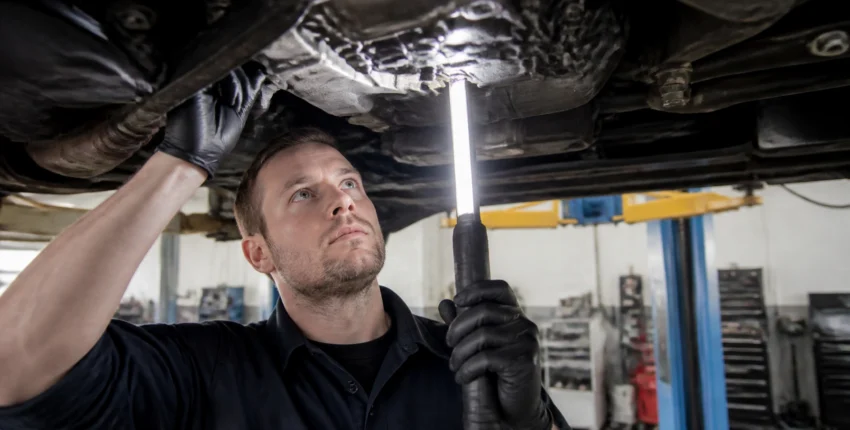 Auto electrician inspecting vehicle underside in auto repair shop.