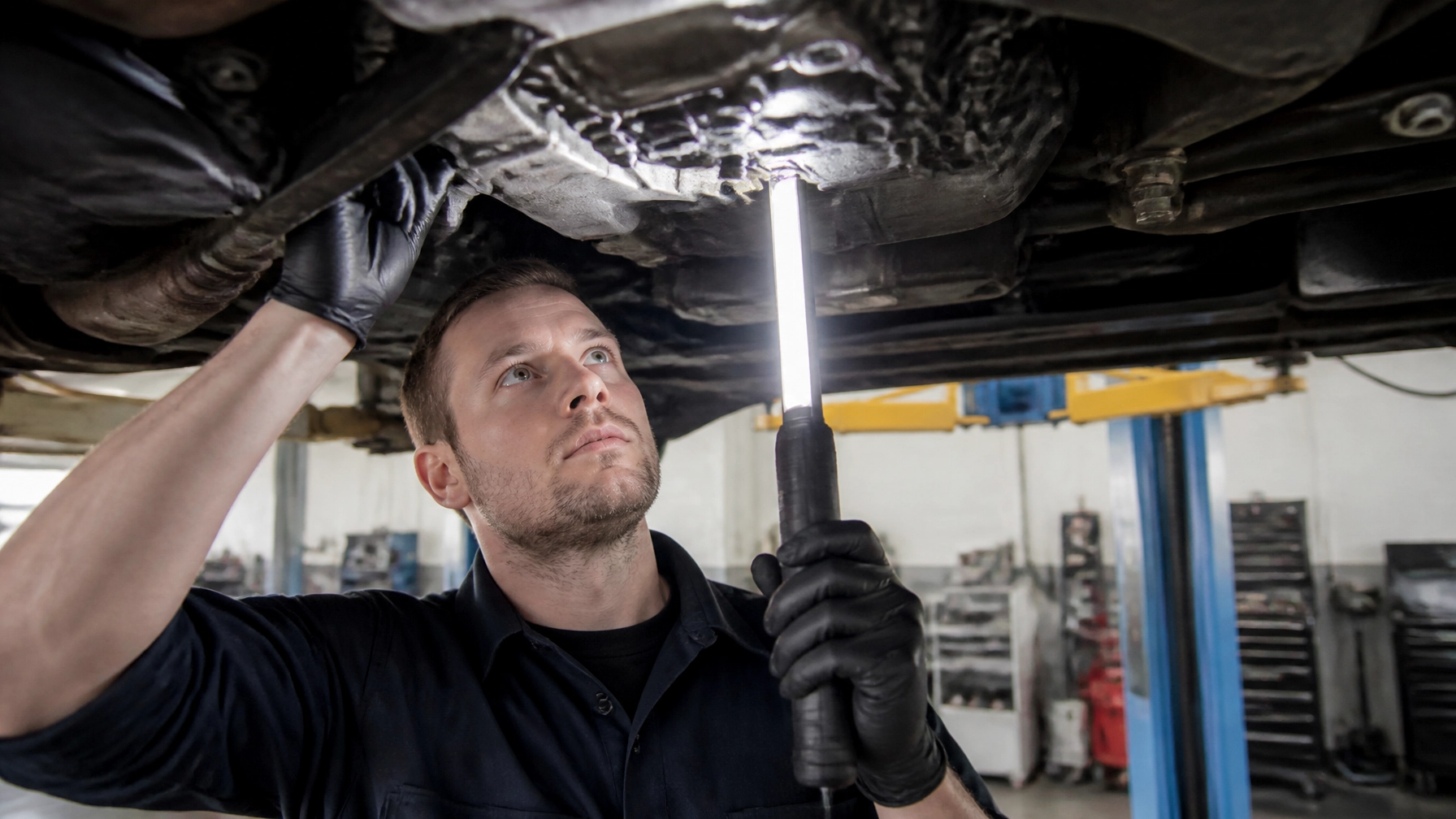 Auto electrician inspecting vehicle underside in auto repair shop.