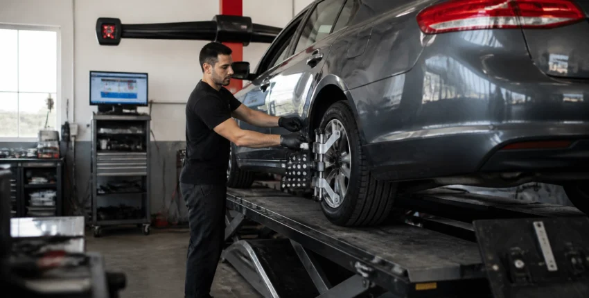 Technician repairing a car's electrical system on a lift at Joe's Auto Electric II.