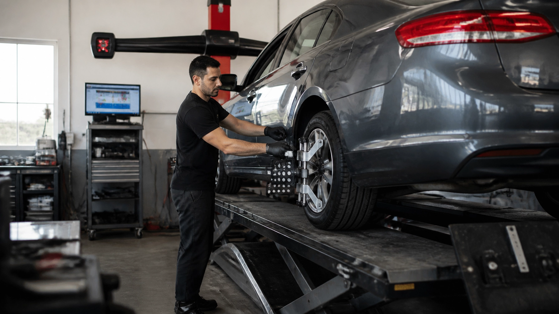 Technician repairing a car's electrical system on a lift at Joe's Auto Electric II.