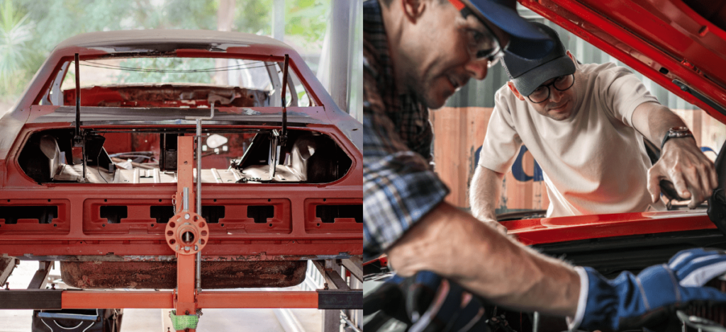 Skilled technicians restoring a vintage car engine at John's Auto Restorations.