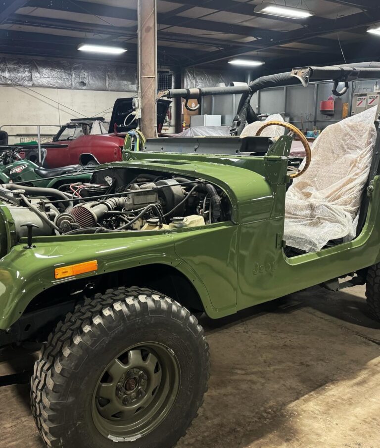 Jeep being restored at John's Auto Restorations workshop.