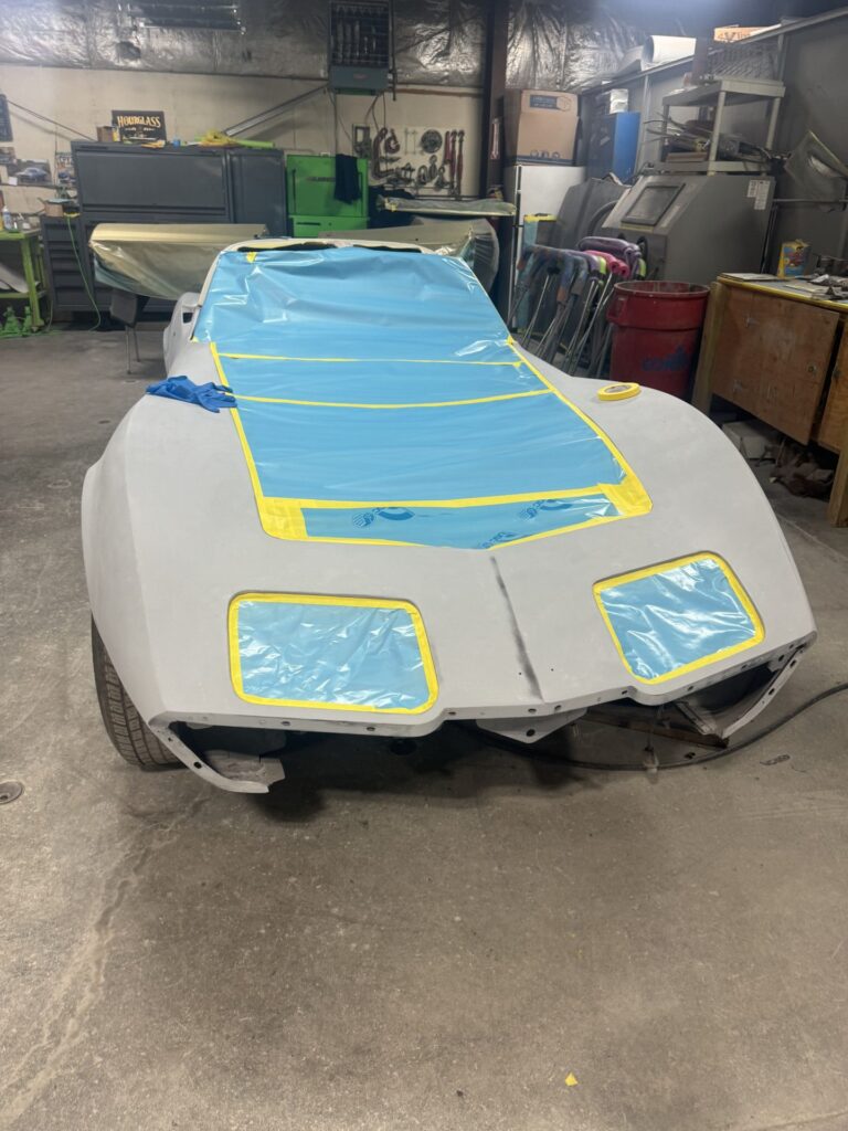 Car body being prepped for painting at John's Auto Restoration.
