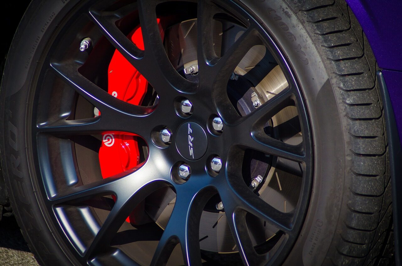 High-performance brake caliper and disc for sports cars.