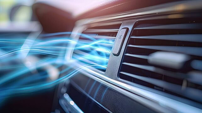 Air conditioning vent with airflow in a car dashboard.