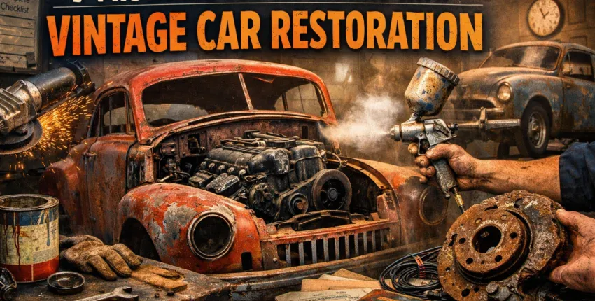 Vintage car restoration process with rusted classic car and tools in workshop.