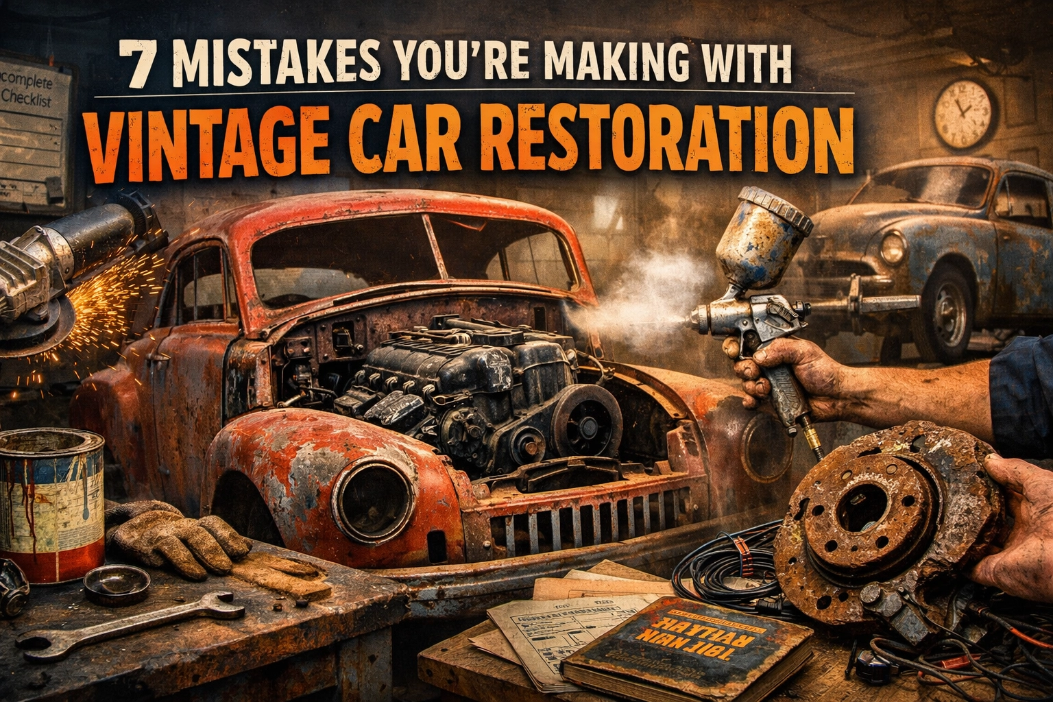 Vintage car restoration process with rusted classic car and tools in workshop.