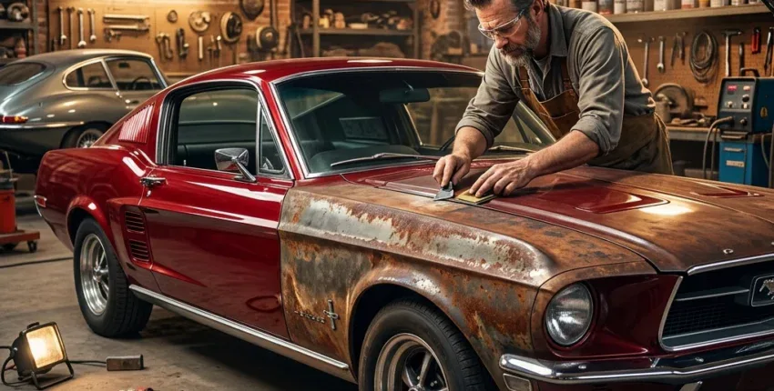 Mustang being restored in John's Auto Restoration garage.
