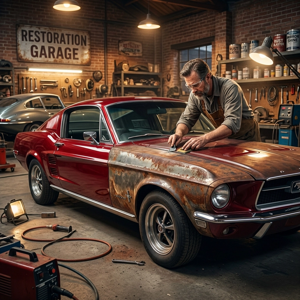 Mustang being restored in John's Auto Restoration garage.