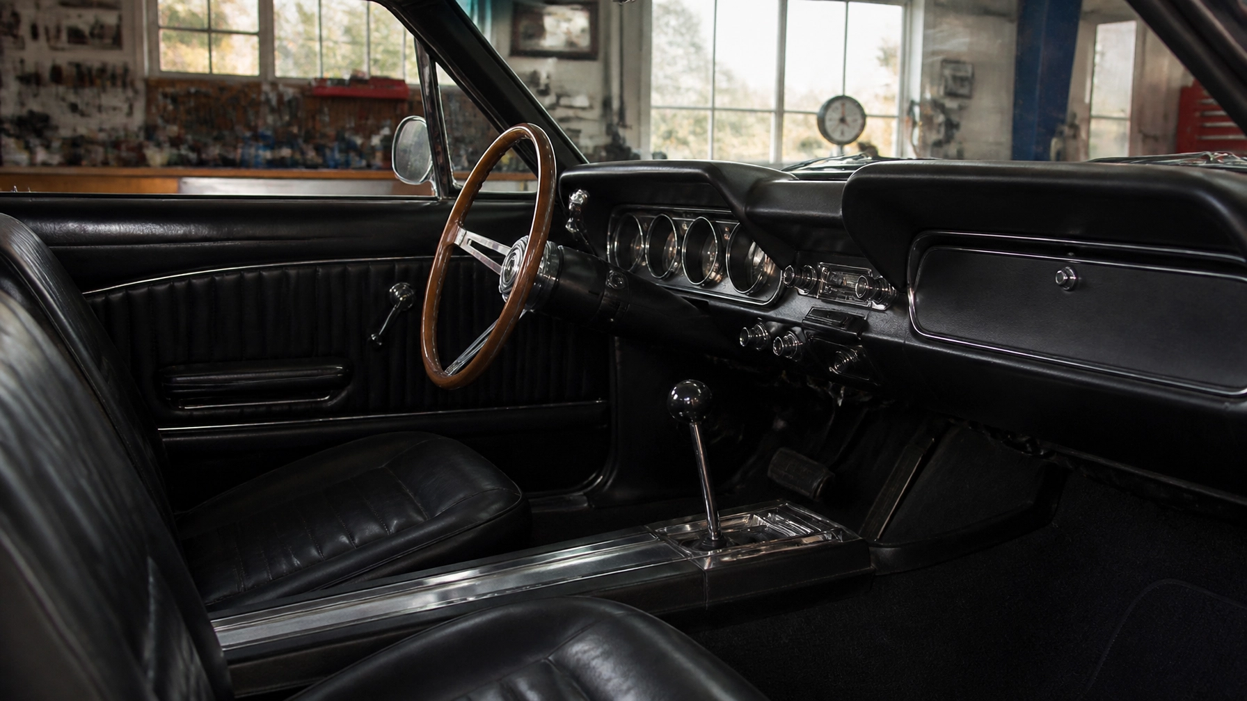 Interior of a restored vintage car at John's Auto Restoration.