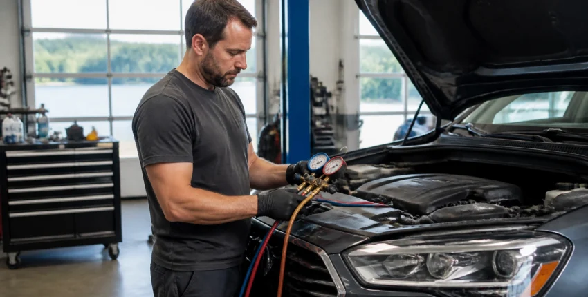 Technician inspecting car engine during interior restoration at John's Auto Restorations.