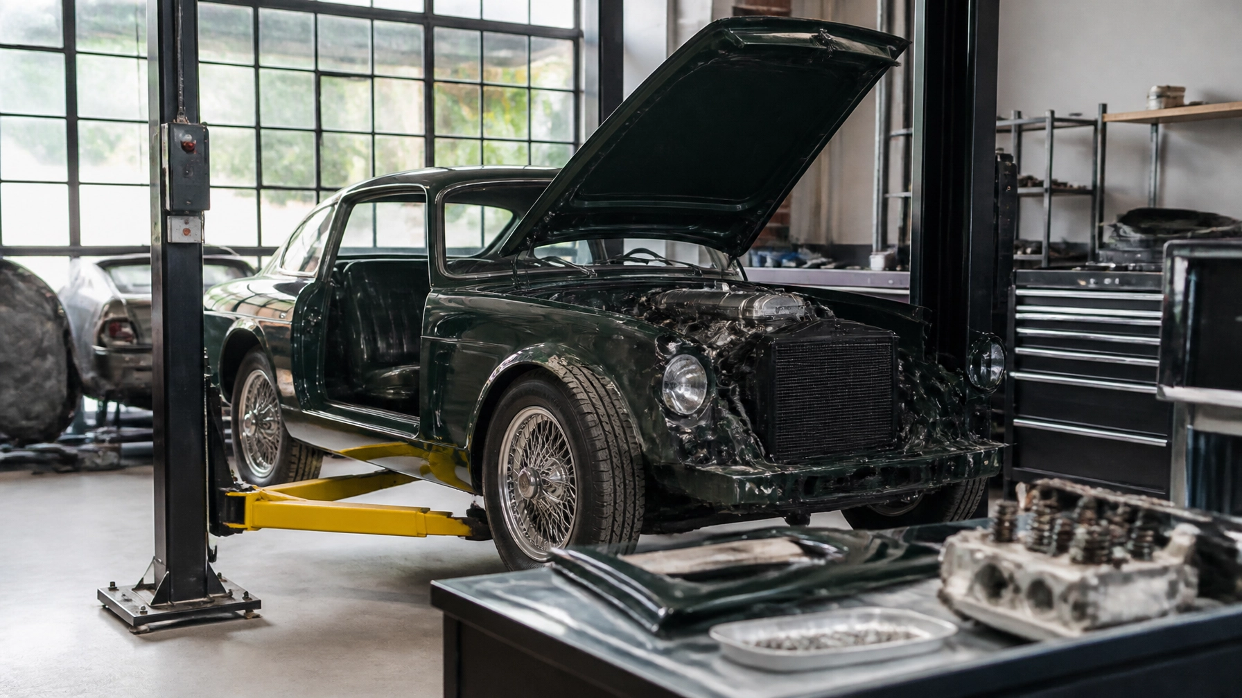 Vintage car being restored in John's Auto workshop with open hood and tools nearby.