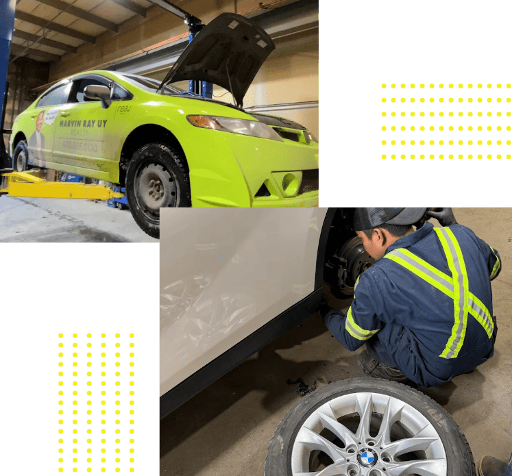 Technician repairing a car with open hood and tire change at Kabayan Auto Repair.