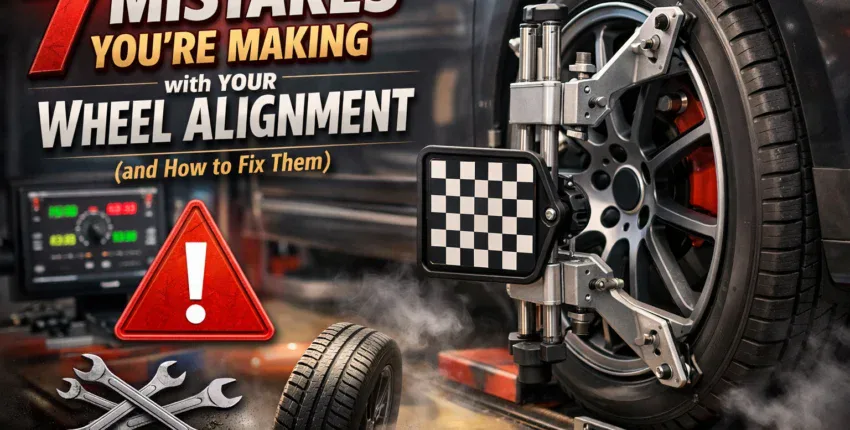 Car wheel alignment machine performing diagnostics on a vehicle.