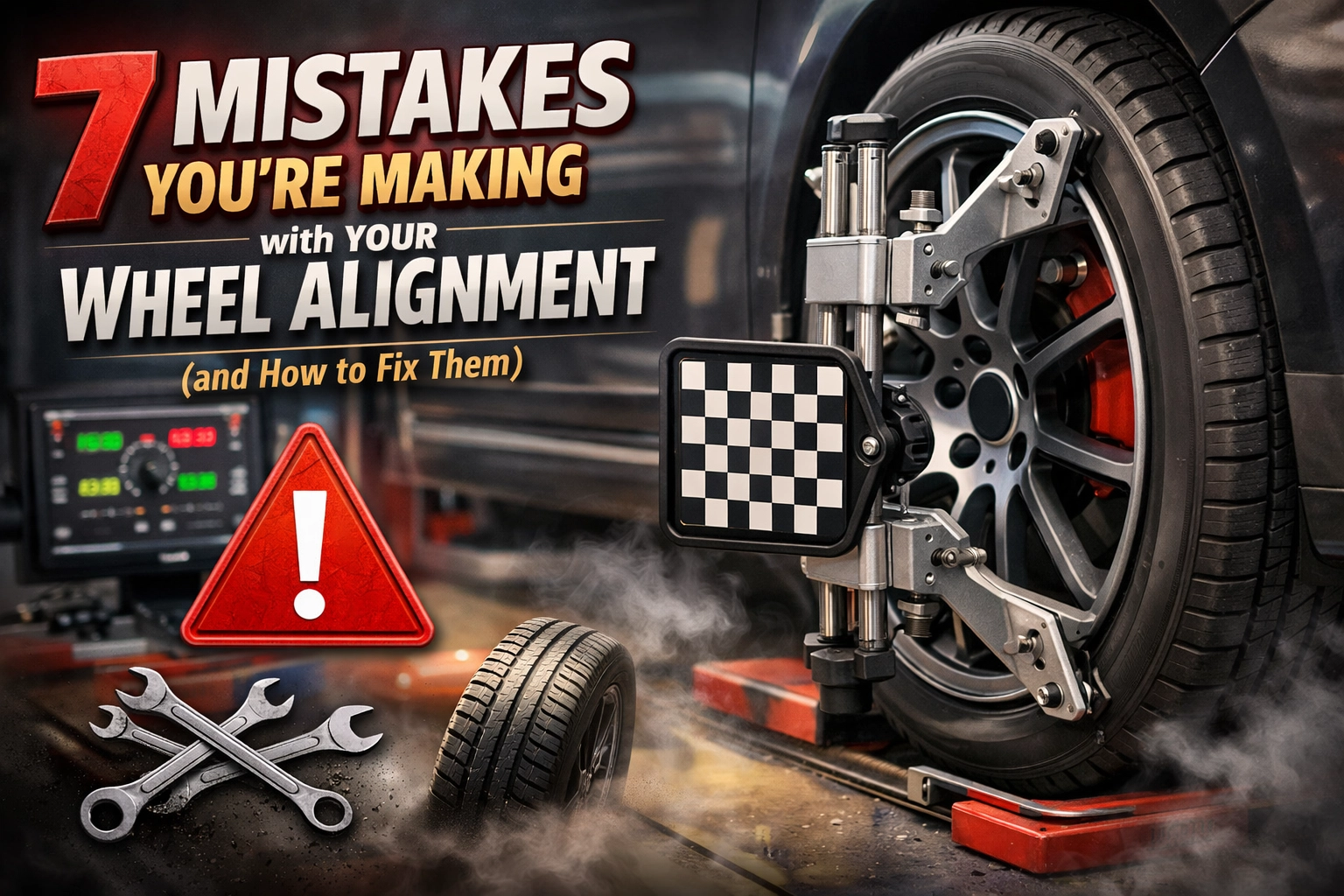 Car wheel alignment machine performing diagnostics on a vehicle.
