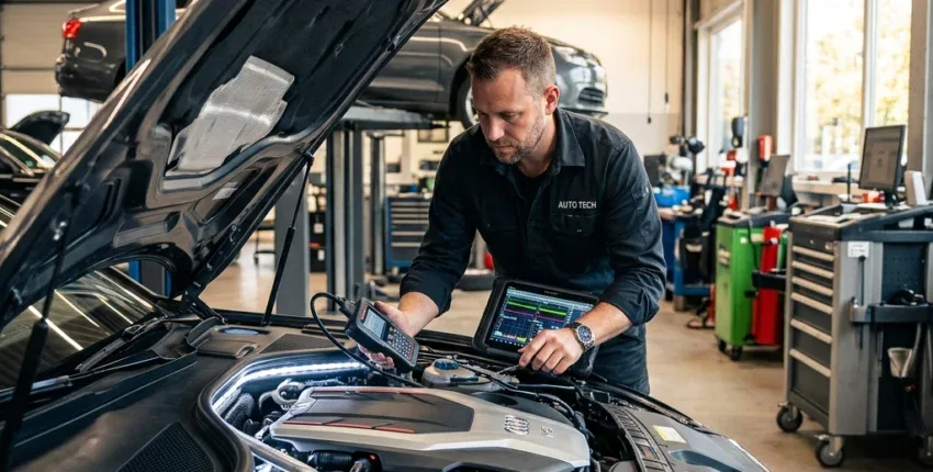 Automotive technician performing engine diagnostics on a modern car engine.