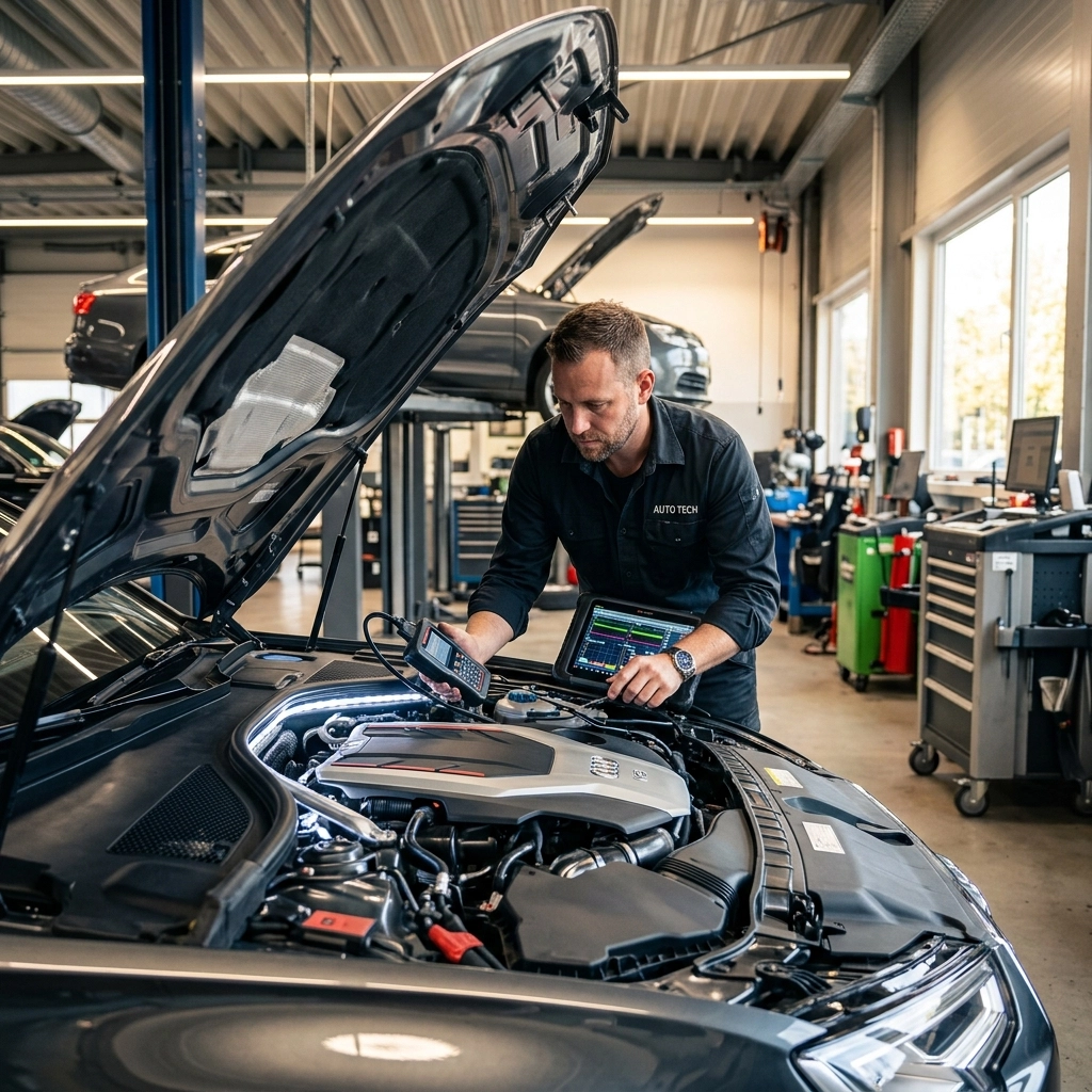 Automotive technician performing engine diagnostics on a modern car engine.