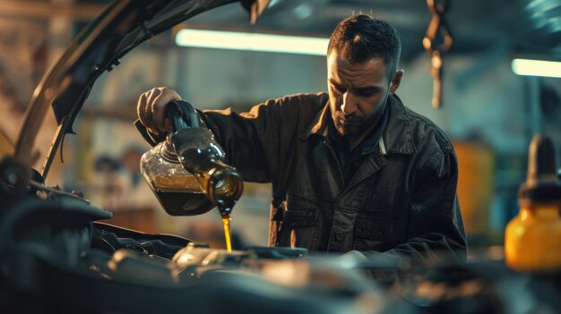 Automotive technician pouring oil into a car engine at Kevin and Kayla's Automotive. Expert vehicle.