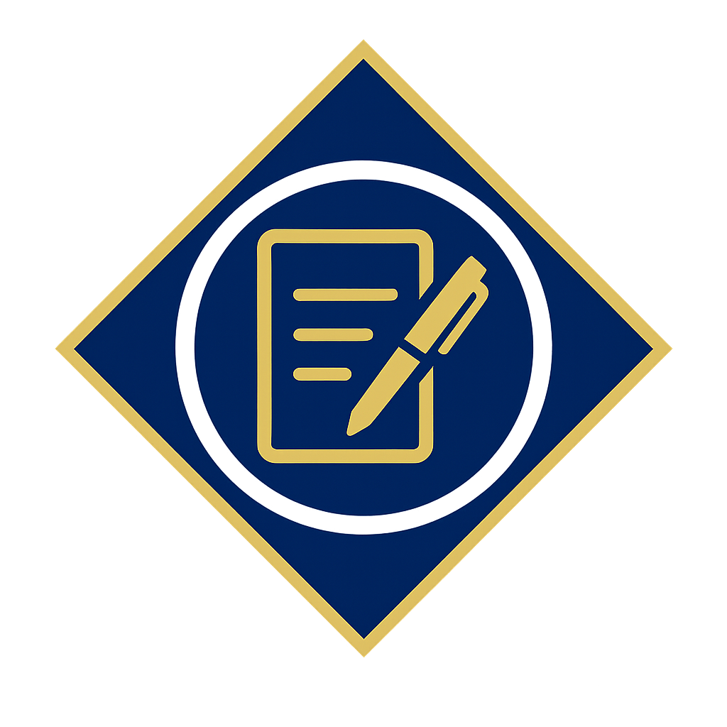 Launex dementia articles icon – gold pen and paper inside white circle and gold diamond frame on transparent background