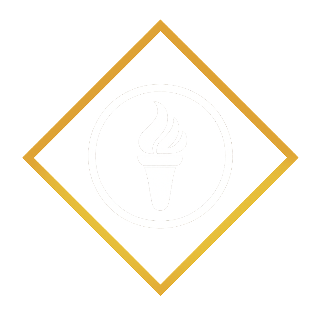 Launex Dementia Torches icon. Gold diamond frame with a white circle and white torch inside of it. 
